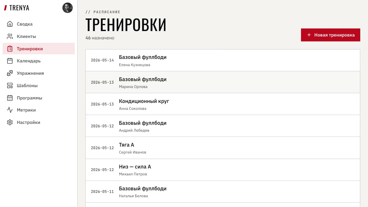 Список тренировок после назначения программы